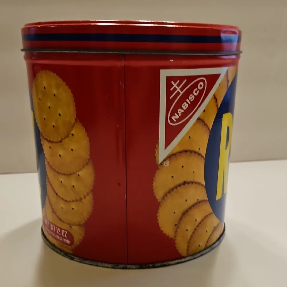 Vintage 1982 Nabisco RITZ Crackers Tin 12 oz Round Metal Canister With Lid 6”H